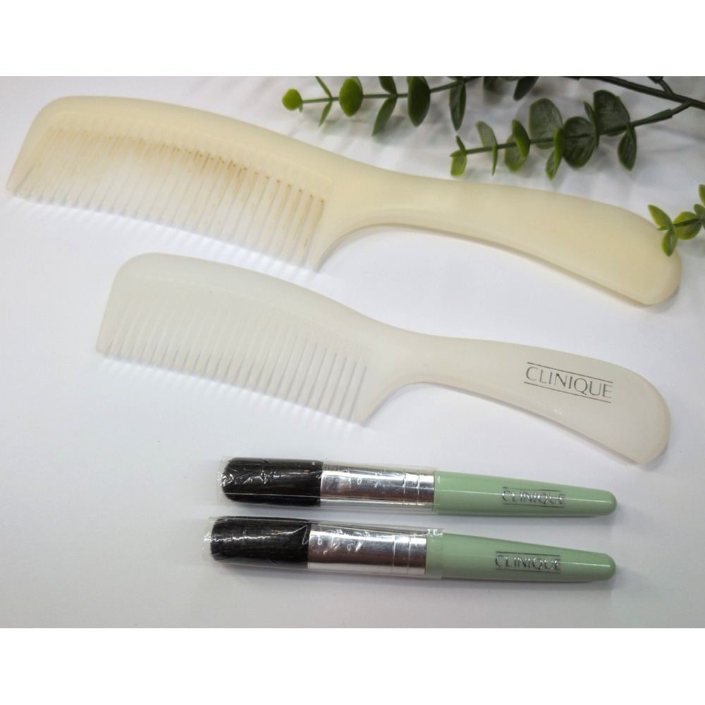 LOT 4🌿Vtg Clinique Hair Comb White Plastic Handle Silver Letters MakeUp Brushes